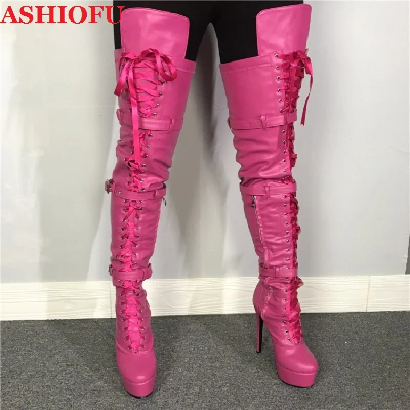 

ASHIOFU New Women High Heel Thigh High Boots Cross-straps Wedding Club Over Knee Boots Sexy Knight Ridding Fashion Boots Shoes