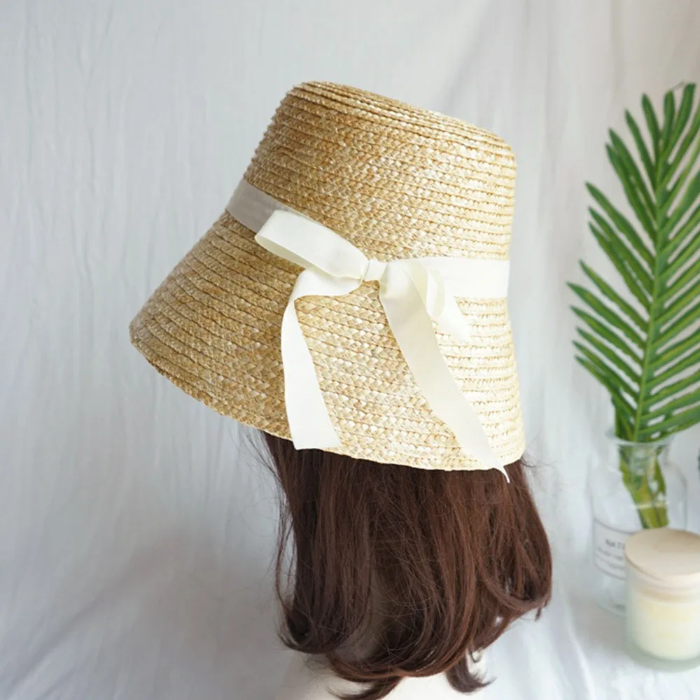 Handmade Summer Hats for Women Ladies Sun Hat ribbon Bowknot Beige Straw Hat Adjuatble Beach Hat Wide Brim Kentucky Derby Hat