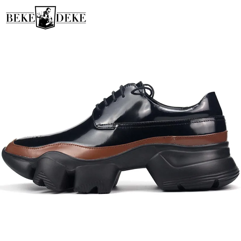 New Designer Mens Genuine Leather Shoes Handmade Colors Mixed Thick Platform Shoes Male Lace Up Joggers Sneakers Casual Shoes