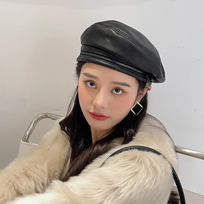 Spring/Winter 100% Real Leather Beret Hat Women Fashion European Pumpkin Painter Caps Female Zipper Decoration Thin Boina