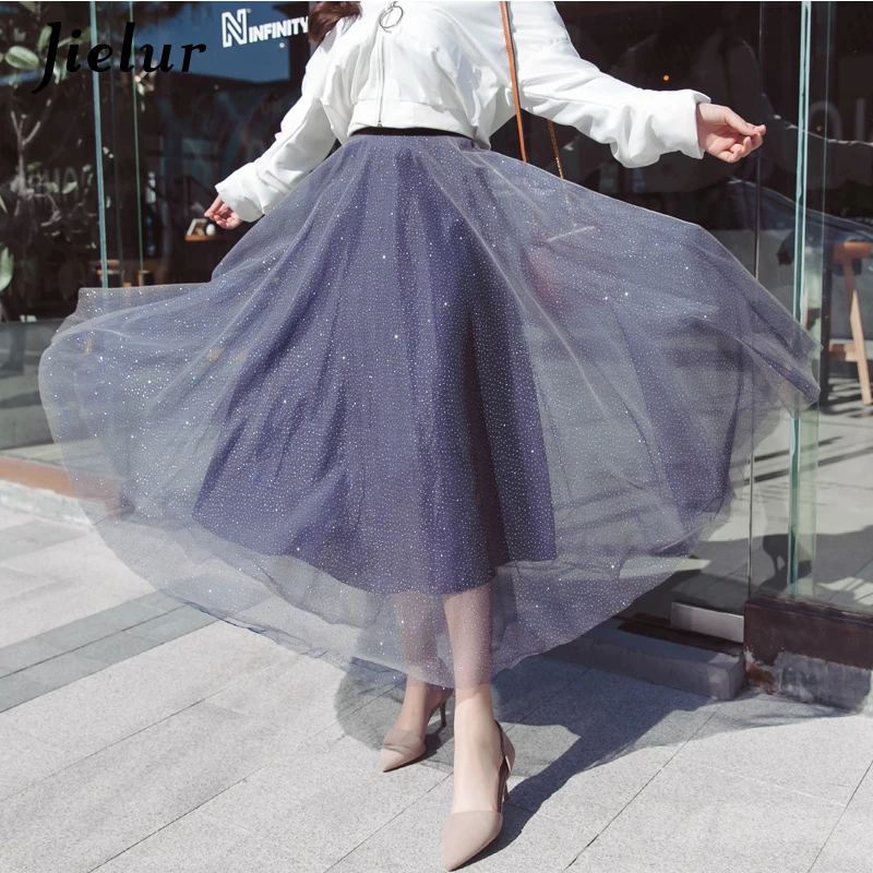 

Jielur 2021 New Mesh Sequin Skirts Elegant OL Women Street All-match Kpop Skinny Fashion Jupe Femme A-Line Blue Skirt S-XL