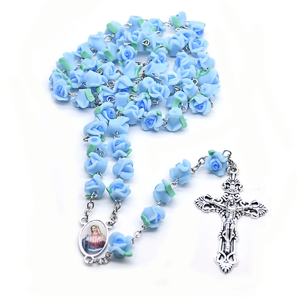 QIGO Christ Jewelry Red Polymer Clay Rose Cross Rosary Necklace Long Religious Prayer Jewelry For Men Women