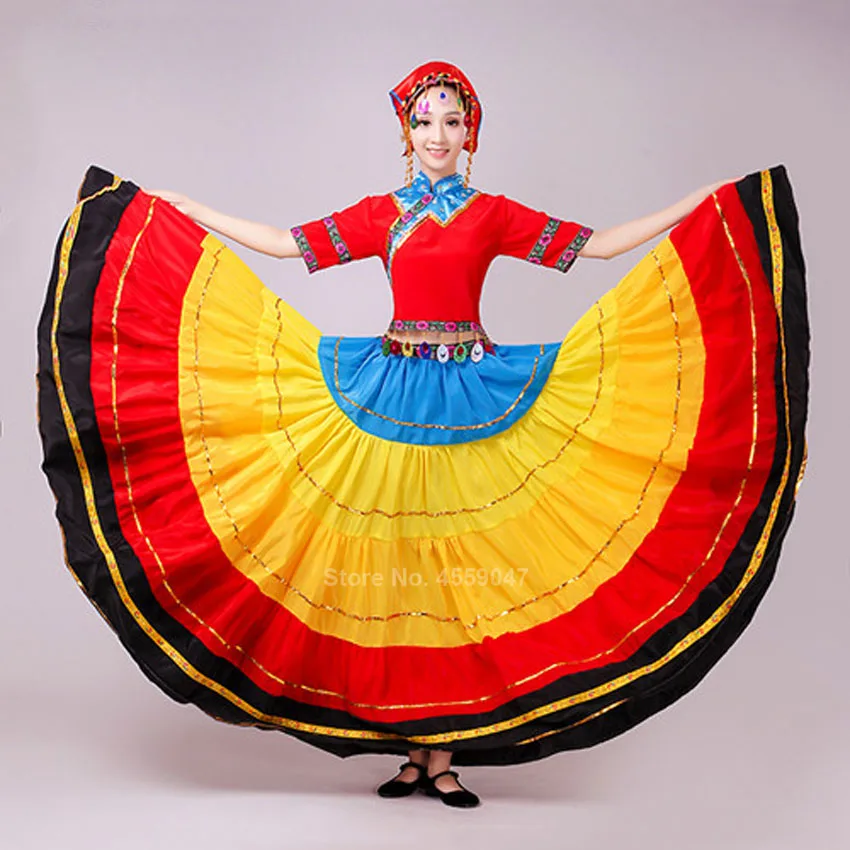 Patchwork Rainbow Color Flamenco Skirt for Women Gypsy Girls Big Swing Spanish Toreo Belly Dancing Costumes Performance