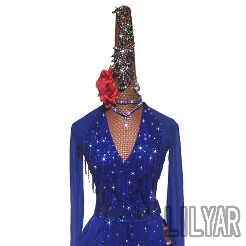 Latin Dance Skirt Competition Performance Dress Adult Blue Treasure Long Sleeve Sexy Sparkling Diamond Tassel Dance Dress