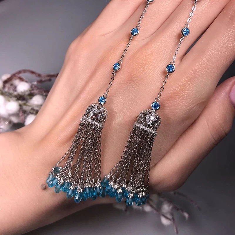 Real 925 Sterling Silver Women Earrings Tassel Earrings Long with Crystal Colorful Stone Fashion Korean Earrings for Wedding