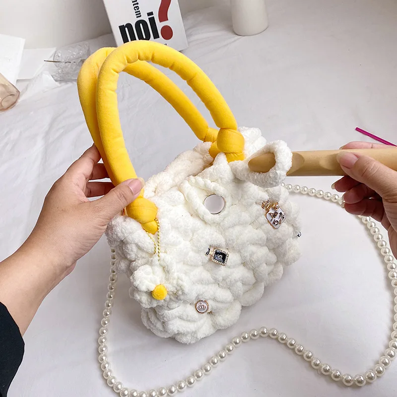 Pearl Fashion Bag 2022 Girls DIY Woven Cotton Candy Cloud Messenger Bag Small Purses and Handbags for Kids