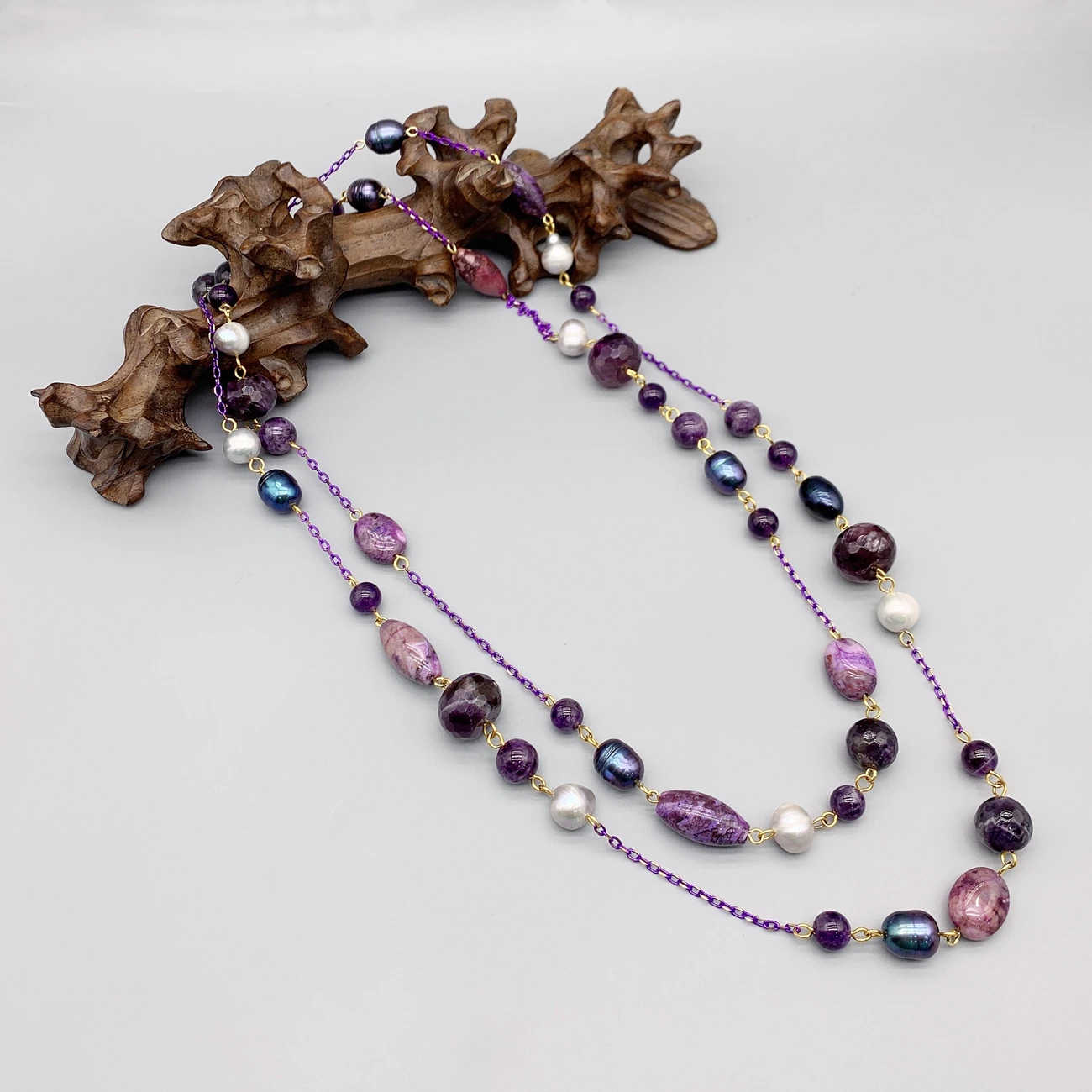 

FoLisaUnique Gray Black Baroque Pearls Purple Amethyst Necklace For Women Trendy Jewelry Purple Jasper Link Chains Long Necklace