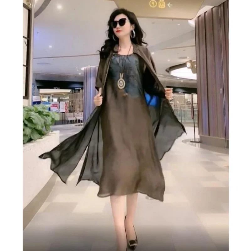 New Spring Summer Suit Dresses Female Fashion Loose Oversize 5XL Printed Tops + Dress Women\'s Short-Sleeved Two-Piece Suit Lady