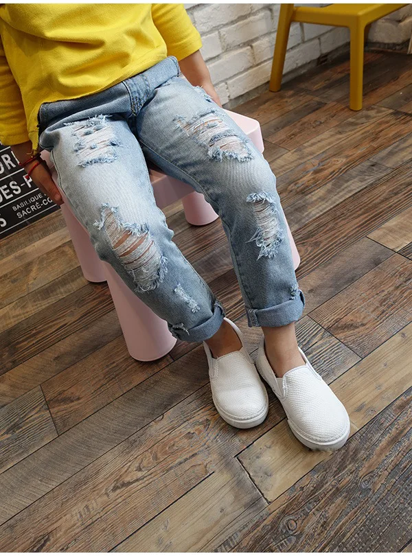 Spring Autumn Girls Ripped Jeans Spring Summer Korean Style Trend Denim Trousers for Boys Children Distrressed Hole Pants