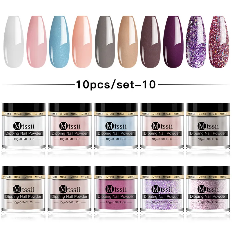 Mtssii 10Pcs Dipping Nail Powder Set Series Color Holographics Glittery Chrome Without Lamp Cure Nail Art Decorations Kit