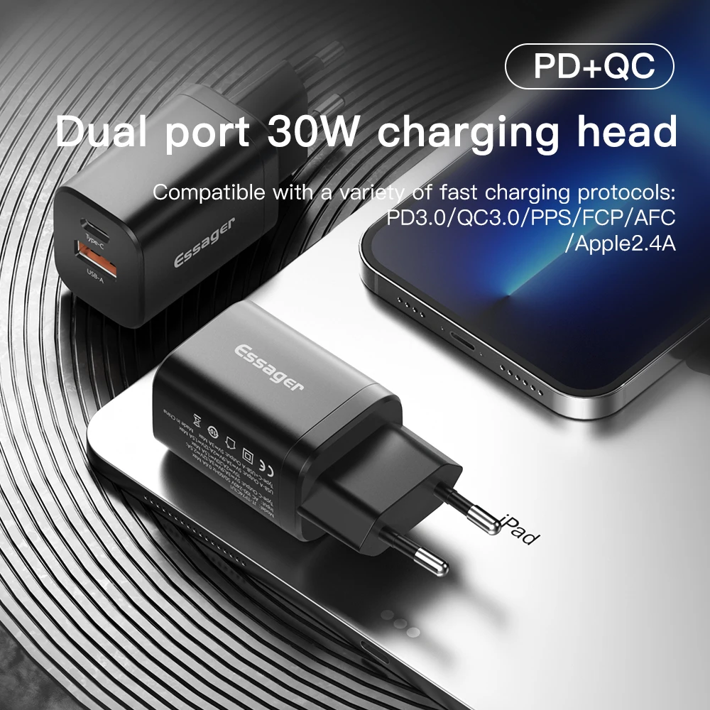 Essager USB Type C Fast Charger 30W QC PD 3.0 Dual Port Mini Portable Adapter For IPhone 14 13 12 IPad Xiaomi Fast Wall Chargers