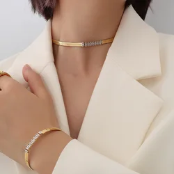 Elegant Rectangle Zircon Stone Necklace for Women Gold Plated Stainless Steel Snake Chain Choker Necklace Bracelet Set