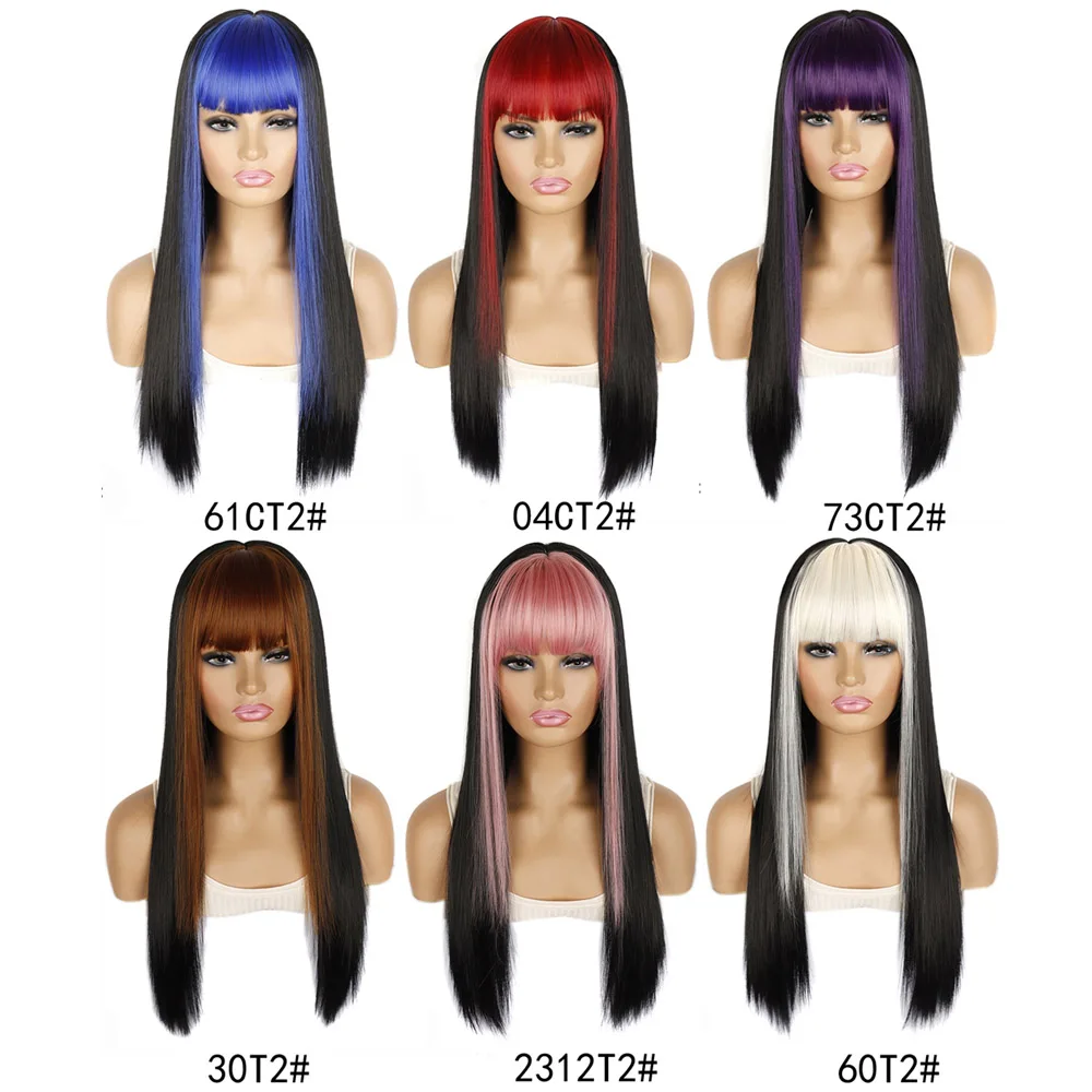 Jeedou Synthetic Long Hair Wig Whit Bangs Straight Hair Balayage Highlighted Black Pink Blue Color Modern Young Girl's Wigs