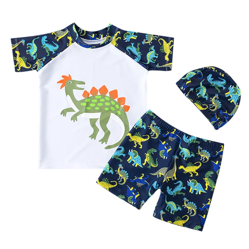 

New Fashion Boys Swimsuit Kids Cartoon Print Swim Trunks + Swimsuit + Swimming Cap Three-piece Children Swimwear Suits