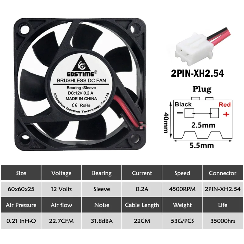 

Gdstime 10pcs 60x60x25mm 12V DC Cooling Fan Small 6025 2Pin Brushless Motor PC Computer Case Cooler Fan