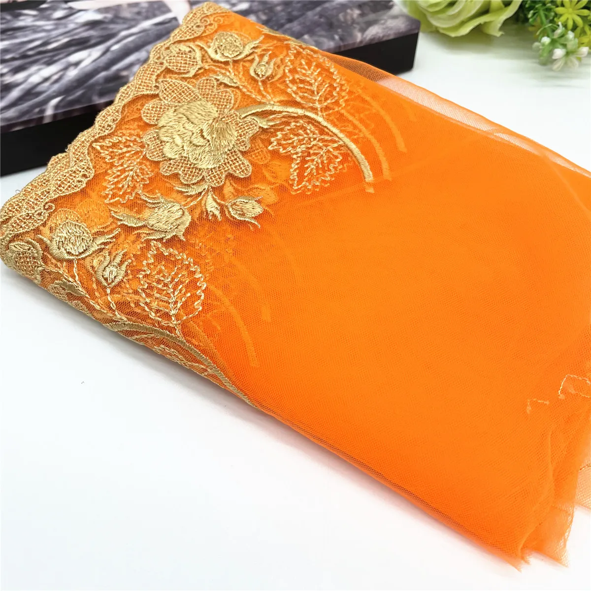 3y/lot Width19.50cm Orange Floral No-Shiny Embroidery Lace Trim DIY Craft Sewing Supplies Skirt Hem Decoration Accessories Dolls