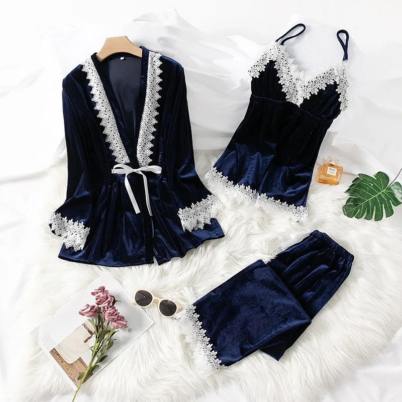 3PCS Pajamas Suit Female Sleep Set Velvet Sexy Lace Patchwork Nightwear Home Clothing Velour Lady Sleepwear Intimate Lingerie