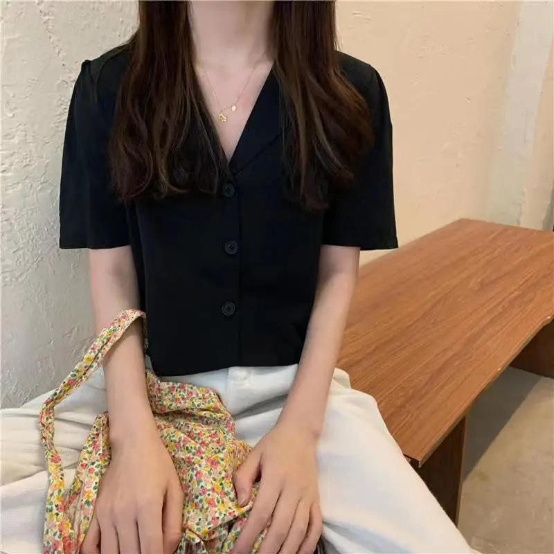 Shirts Women Notched Elegant Fashion Summer Crops Chic Ulzzang Office Ladies Basic All-match Simple Single Breasted Casual Solid