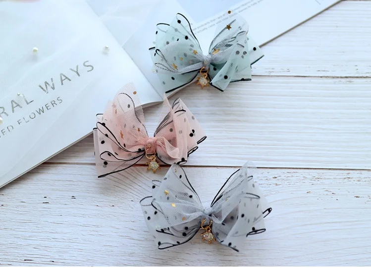 Boutique ins 15pcs Fashion Cute Gauze Bow Hairpins Glitter Rhinestone Star Bowknot Hair Clips Princess Headwear Hair Accessories