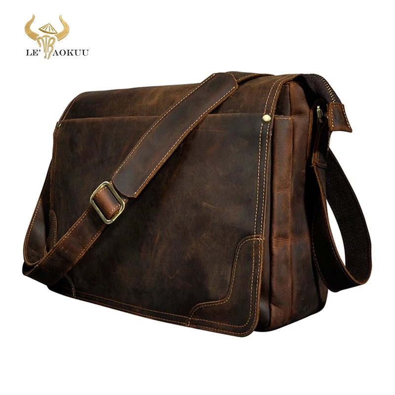 Crazy Horse Leather Men Fashion Casual Laptop Weekend One Shoulder Bag Design Messenger Crossbody Bag School Book Bag 2088