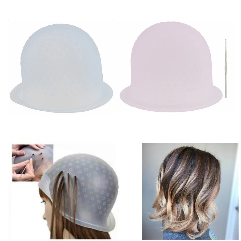 Reusable Silicone Dye Hat Hair Color Highlighting Hairdressing Cap + Hook Needle Frosting Dyeing Tools