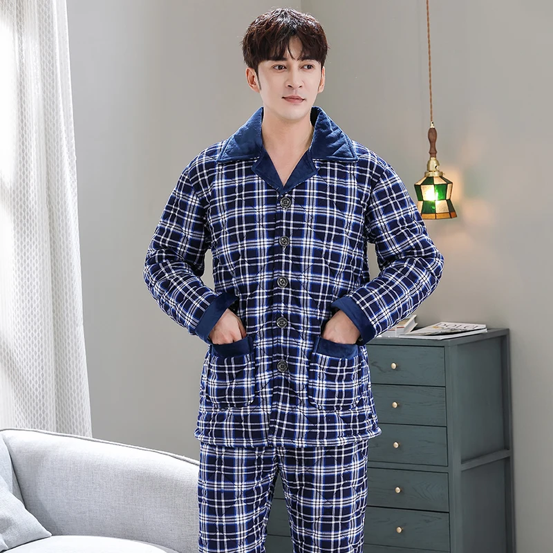 Winter Dikke Katoenen Gewatteerde Mannen Plaid Pyjama Sets Van Slaap Tops & Bottoms Mannelijke Flanel Warme Nachtkleding Thermische Thuis Kleding