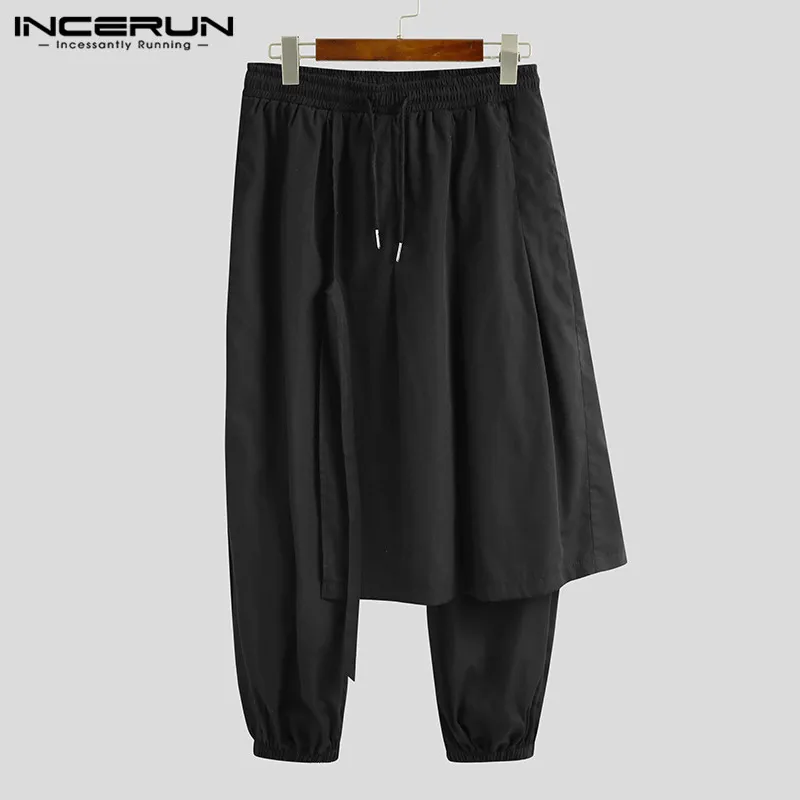 INCERUN-pantalones bombachos con cordón para hombre, ropa de calle de Color sólido, Irregular, para ocio, S-5XL, 2024