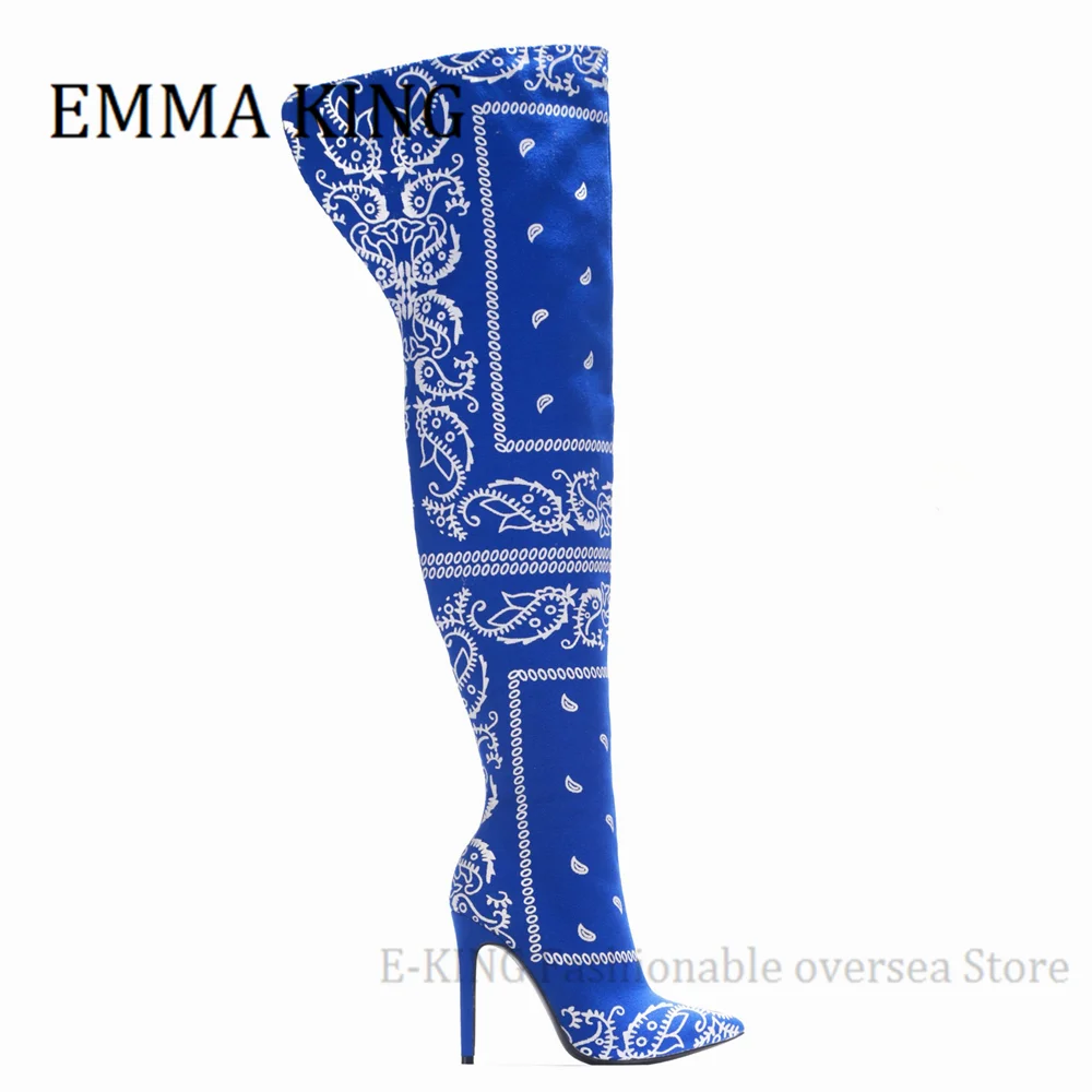 Bandana Prints Women Thigh High Boots Bad Girl Heels Over The Knee Boots Pointy Toe Silk Stiletto Botas Altas Mujer Size 35-44