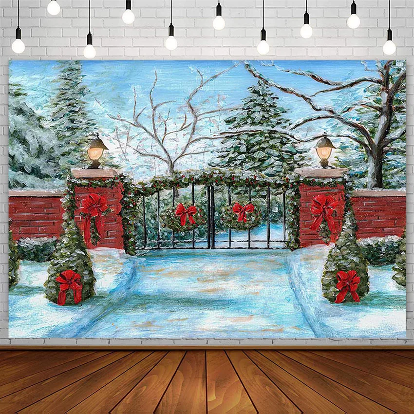 Avezano Photography Backdground Christmas Trees Snow Lights Red Brick Wall Fence Gate Winter Backdrop Photo Studio Photozone