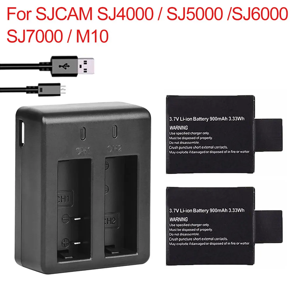 3.7V 900mAh Battery SJ4000 SJ5000 SJ6000 Action Camera Battery + Dual Charger for SJCAM SJ 4000 5000 6000 M10 Camera Accessories