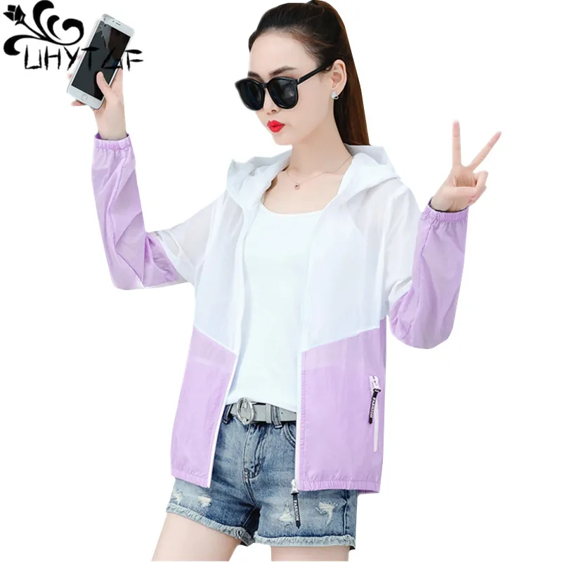 

UHYTGF Women Short Sun Protection Clothing Hooded Anti-UV Summer Top Jacket Long Sleeves Breathable Soft Oversized Thin Coat 821