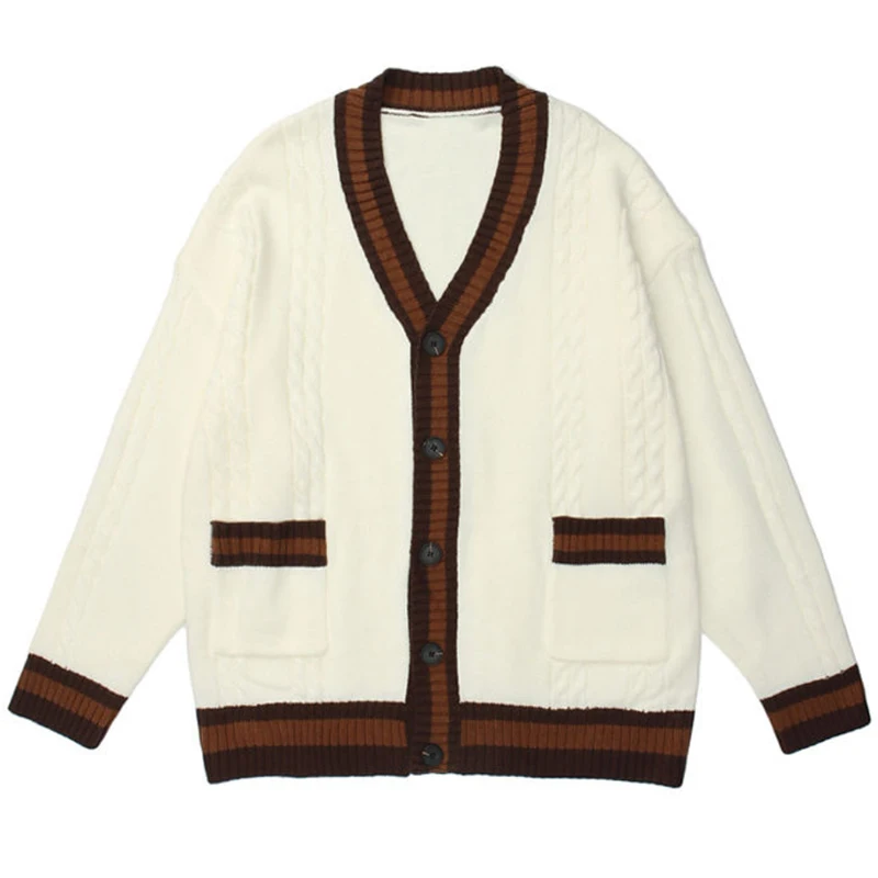 Vintage Spliced Color Cardigan Knitted Sweater Men Harajuku Hip Hop Streetwear Loose Woman Casual Return Cardigan Sweater Coats