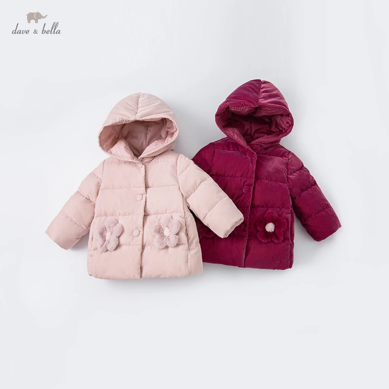 DB19040 dave bella winter baby girls fashion floral hooded down coat children 90% white duck down padded kids girl jacket