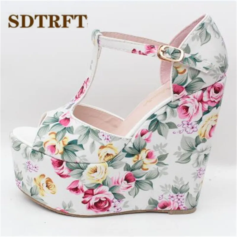 SDTRFT Stiletto Ladies 15cm wedges Sandals Platform shoes woman zapatos mujer Flowers T-strap Pumps Small Yards:30,31,32,33-43