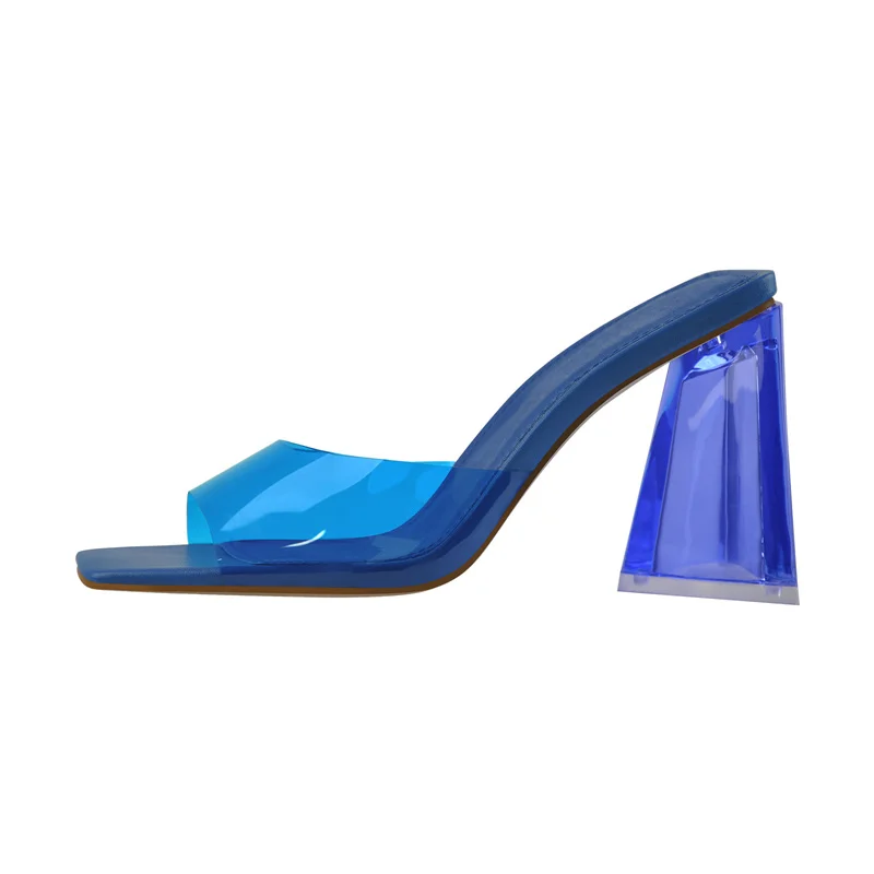 Onlymaker Summer Blue PVC Square Toe Transparent High Heels Slip on Casual Fashion Party Dress Sandals