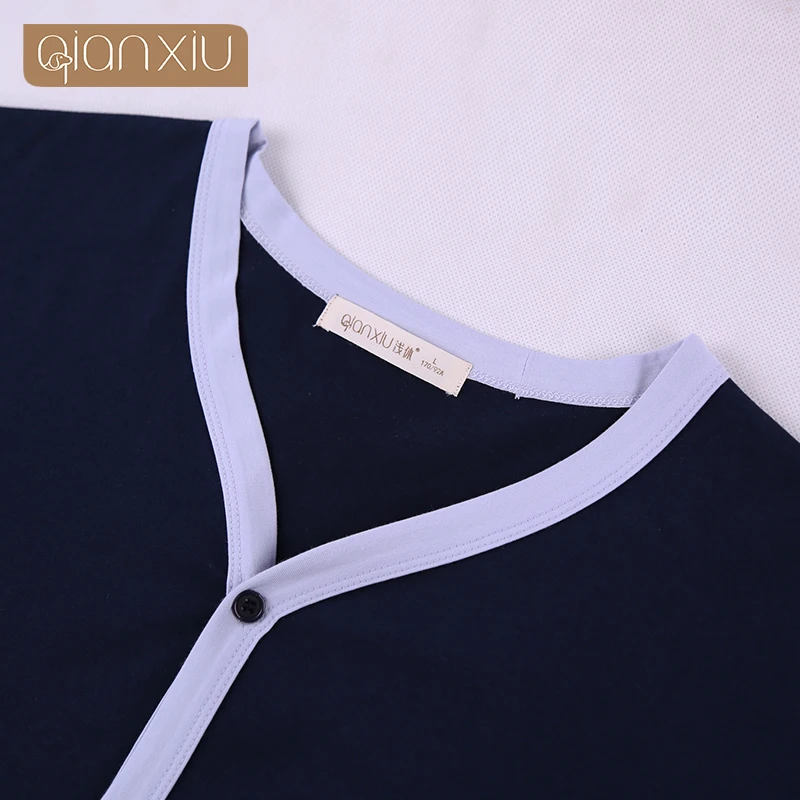Men\'s Spring Autumn Cotton Dark Blue Pajamas Crew neck Long Sleeve Suit Home Suit Men\'s Pajamas Cardian Sleepwear Nightgown