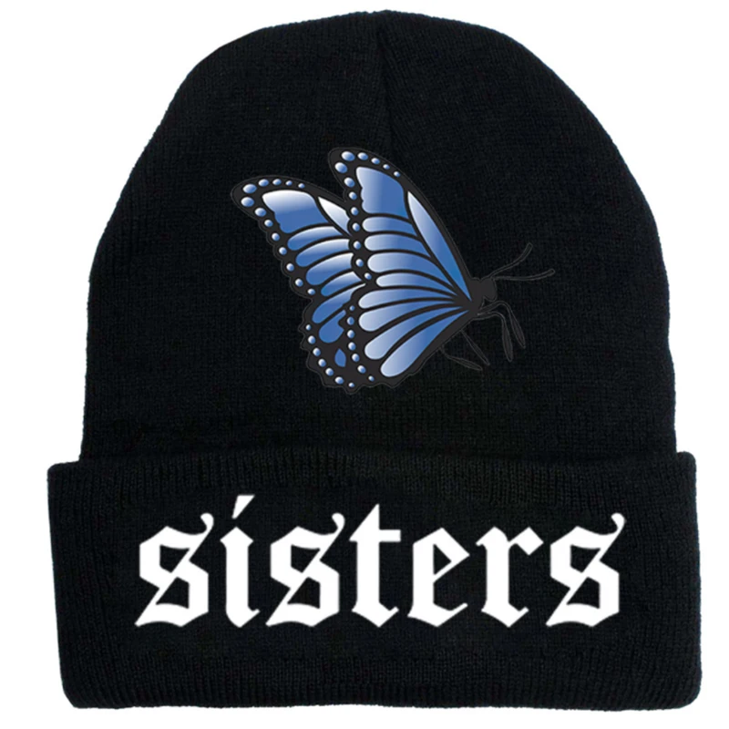 Black Knitted Beanie Sisters Butterfly hat Women's Cap Winter Warm Fashion Casual Skullies Beanies Bonnet gorro