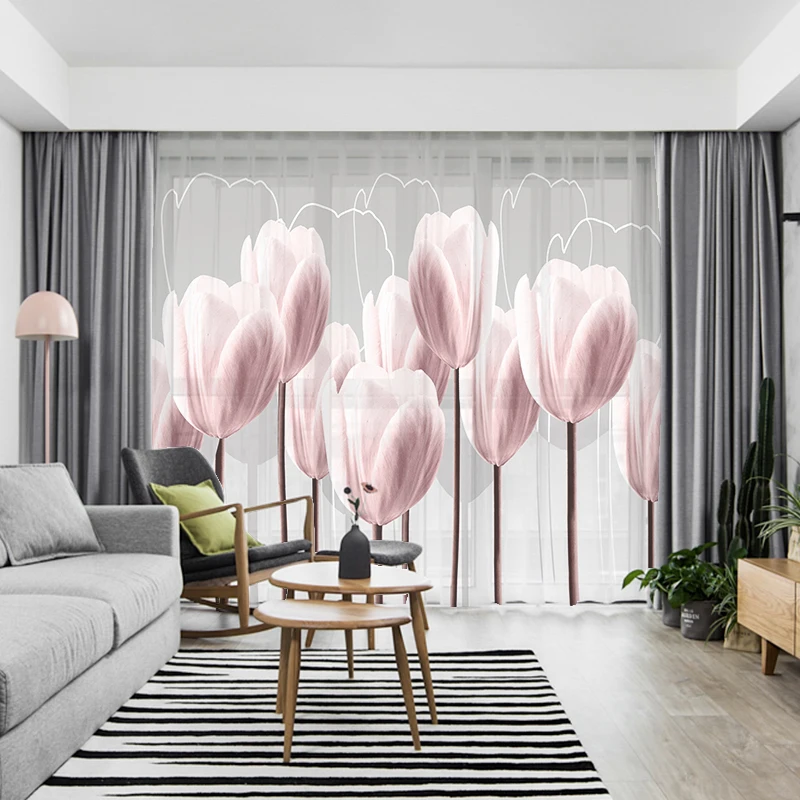 

Custom Chiffon Curtain Window Drape for Nursery Kids Children Living Room Floral Blossom Tulip Pink Khaki Gray Brown Pink Blue