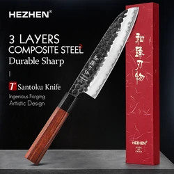 HEZHEN 7 Inches Santoku Knife Three-layer Composite Steel Stainless Steel Kitchen Cooking Knives Red Wood Handle With Gift Box