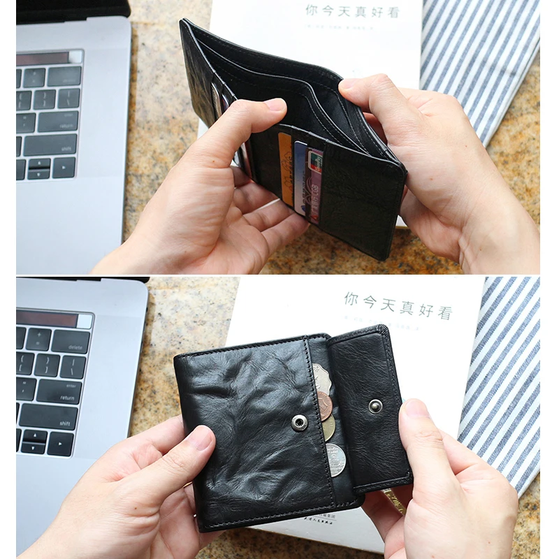 Bifold Short Wallet Men First Layer Leather Vintage Pleated Top-end Cowhide Coin Purse Male Credit Card Wallets Retro Change Bag