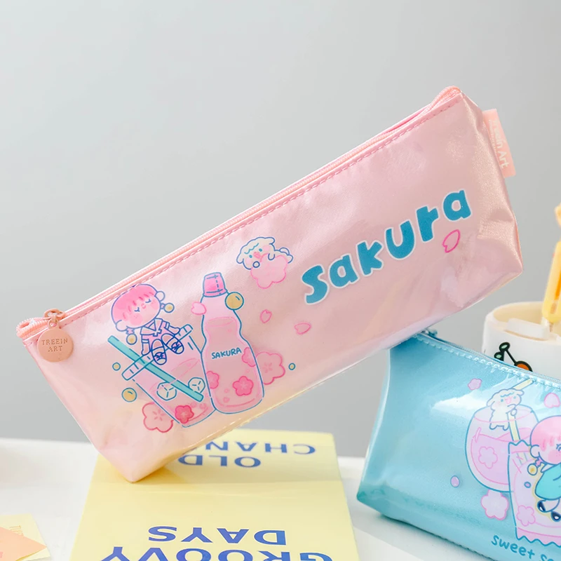 Sweet cherry blossom train cute simple solid color PU waterproof cover inverted trapezoidal pencil case stationery storage bag