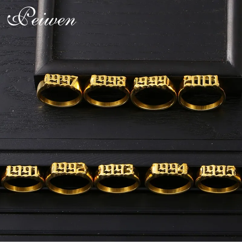 Old English Font Ring Stainless Steel Gold Ring For Women Men Gothic Special Birth Year Number Rings Wedding Birthday Party Gift