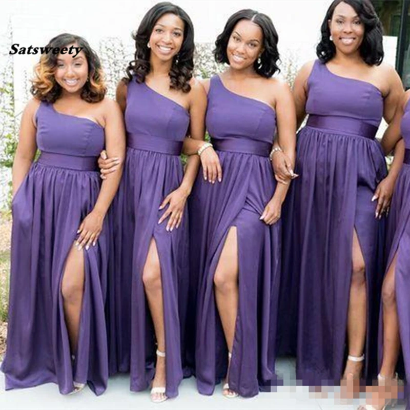 

South African A Line Purple Bridesmaid Dresses One Shoulder Sexy High Side Split Wedding Party Dress Chiffon Maid of Honor Gowns