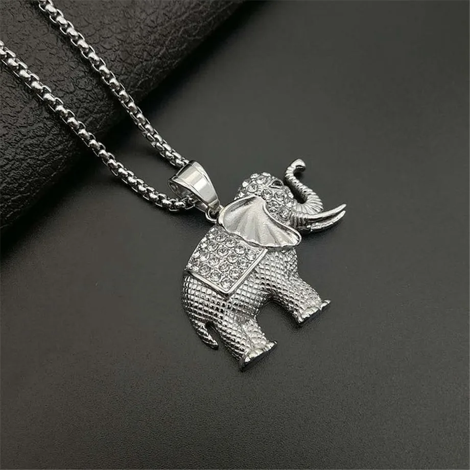 Iced Out Zircon Elephant Pendant Animal Necklace Jewelry Gold Color Stainless Steel Bling CZ Men\'s Hip Hop Pendant For Women