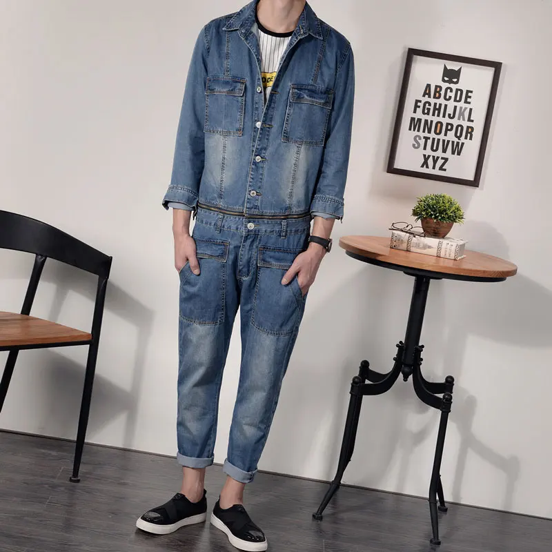 Overalls Men\'s Denim Jumpsuit Blue Lapel Long-Sleeved Jacket Hip-Hop Streetwear Waist Detachable Jeans Pants Casual Trousers