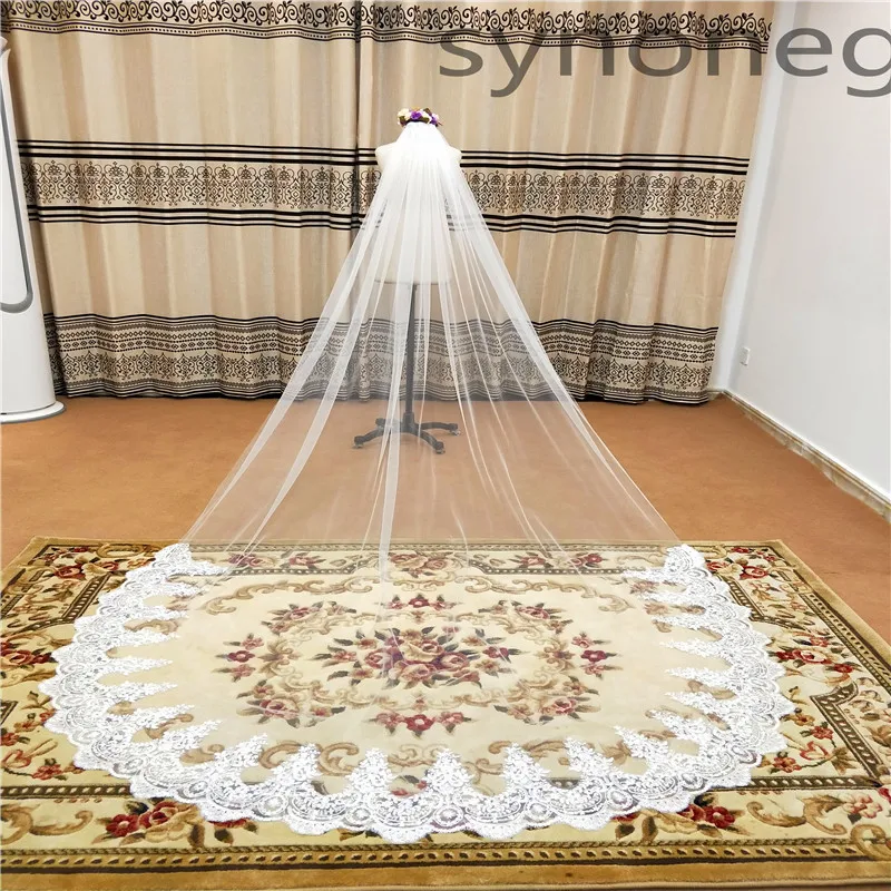 Real Photo Real Photo 3m One Layer Wedding Veil With Comb White Lace Edge Bridal Veils Ivory Cathedral Wedding Veil 5m