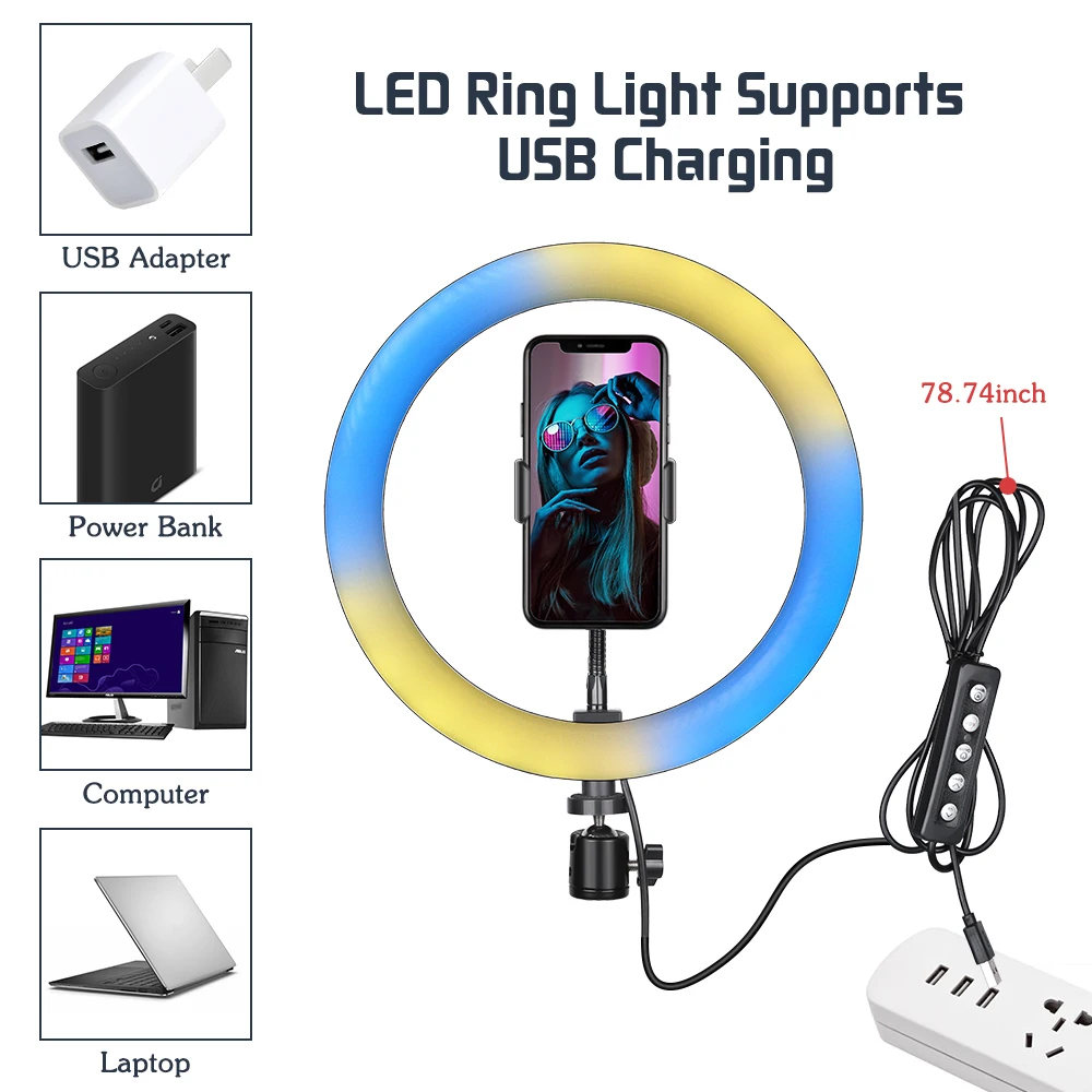 SH 6/10 Inch RGB Selfie Ring Light with Tripod Stand and Phone Holder Photography Ring Lamp For Makeup/Vlog/Live Stream