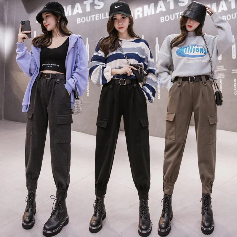 2023 Winter Streetwear Cargo Pants Women Harajuku Woolen Thick Warm Ladies Trousers Elastic High Waist Loose Harem Baggy Pants