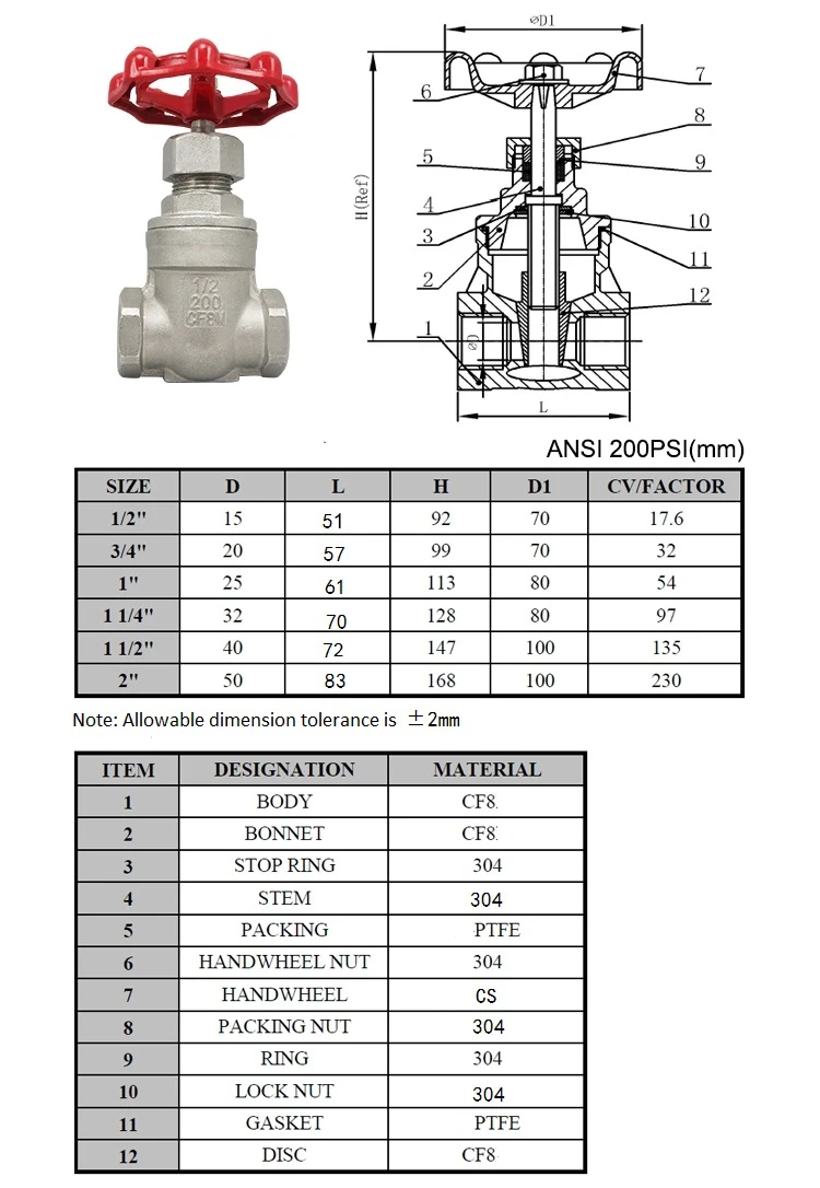 Stainless Steel Gate Valve, Water Thread Industrial Valve, SS304 Stem