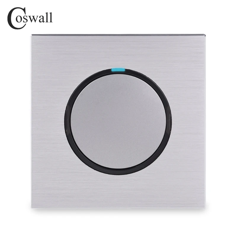 Coswall 1 Gang 1 Way Random Click On / Off Wall Light Switch With LED Indicator Black / Silver Grey Brushed Aluminum Metal Panel